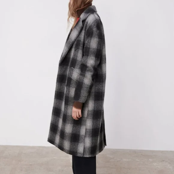 ZARA × Manteco 100% Wool Menswear Grey Black Plaid Long Coat. M NWT Blogger FAVE - Picture 4 of 15